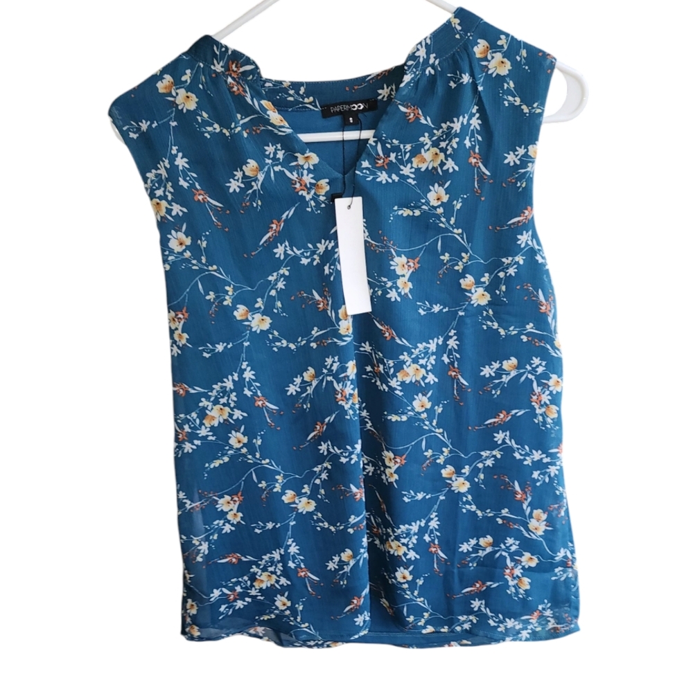Paper moon turquoise  flower short sleeve  blouse size S NWT